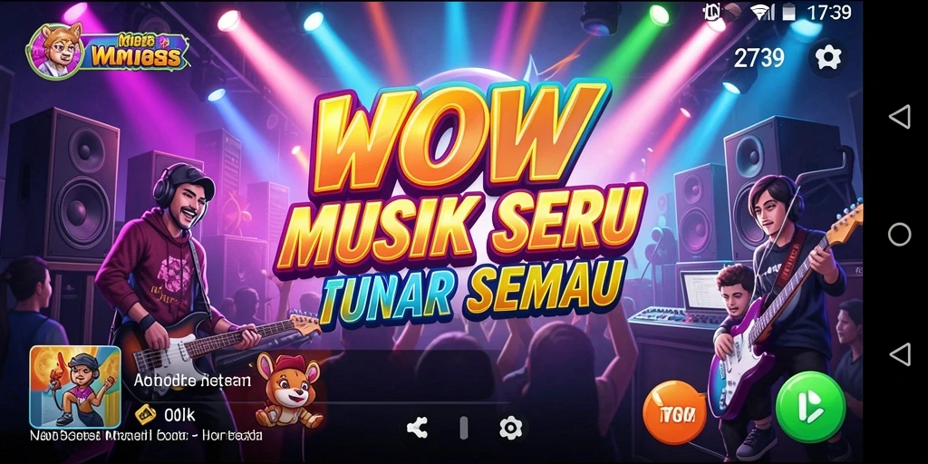 Screenshot gameplay 2739 menampilkan fitur karaoke dan pilihan lagu yang beragam.