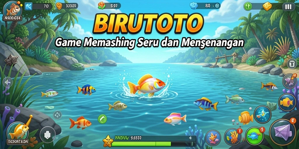 Screenshot gameplay BIRUTOTO dengan tampilan lokasi memancing yang indah.