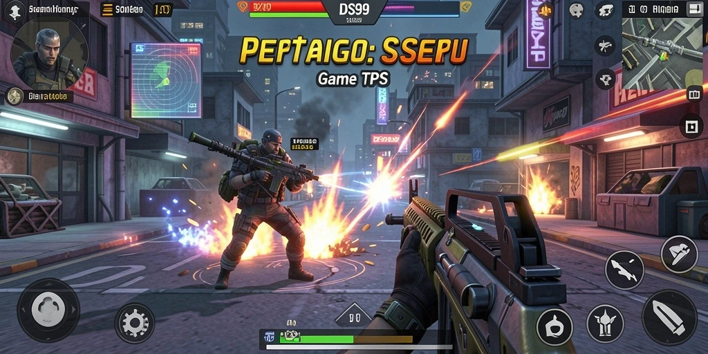 Screenshot utama DS99 menampilkan aksi pertarungan seru dalam game TPS.