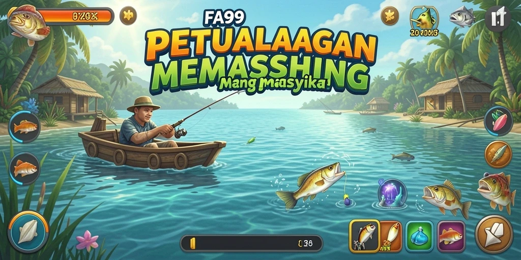 Screenshot gameplay FA99 menunjukkan momen menangkap ikan yang mendebarkan.