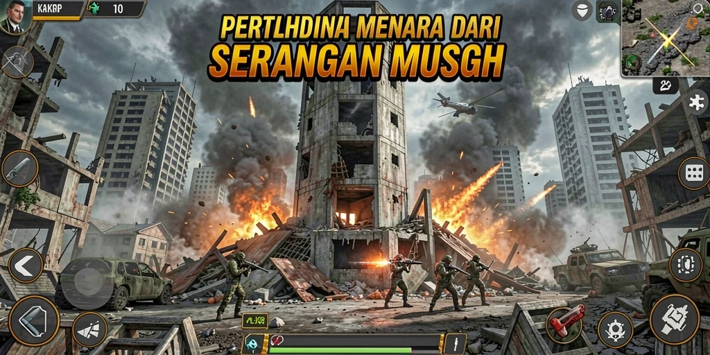 Tampilan gameplay KAKRP menampilkan menara yang beraksi melawan gelombang musuh.