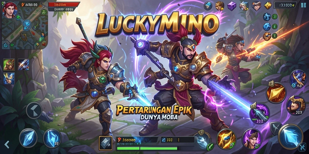Screenshot pertarungan seru dalam gameplay <strong>LUCKYMINO</strong> yang menunjukkan aksi MOBA yang mendebarkan.