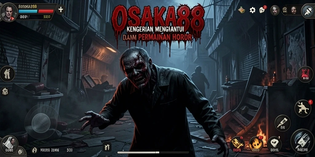 Tangkapan layar utama OSAKA88 menampilkan suasana horor yang mencekam.
